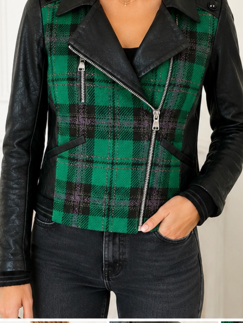 Black Leather & Green Plaid Moto Jacket